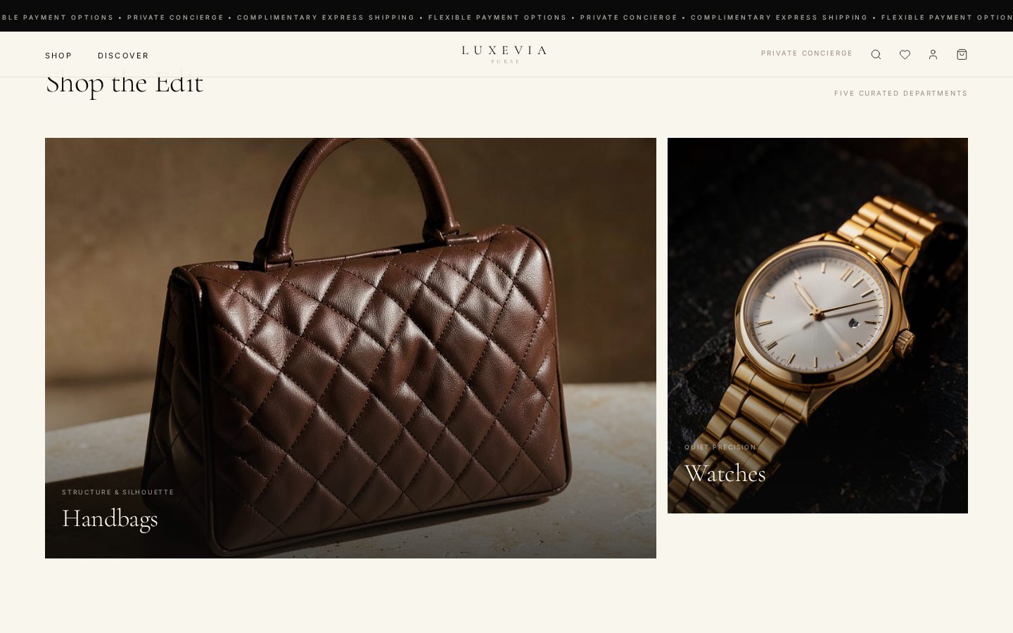 Luxevia Purse product discovery section on desktop